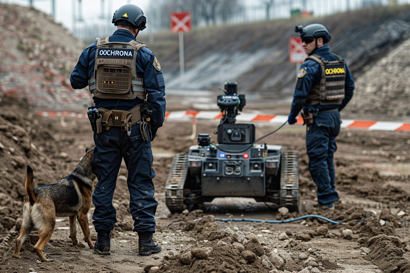 Nadzór saperski terenu — operatorzy z psem i platformą gąsienicową